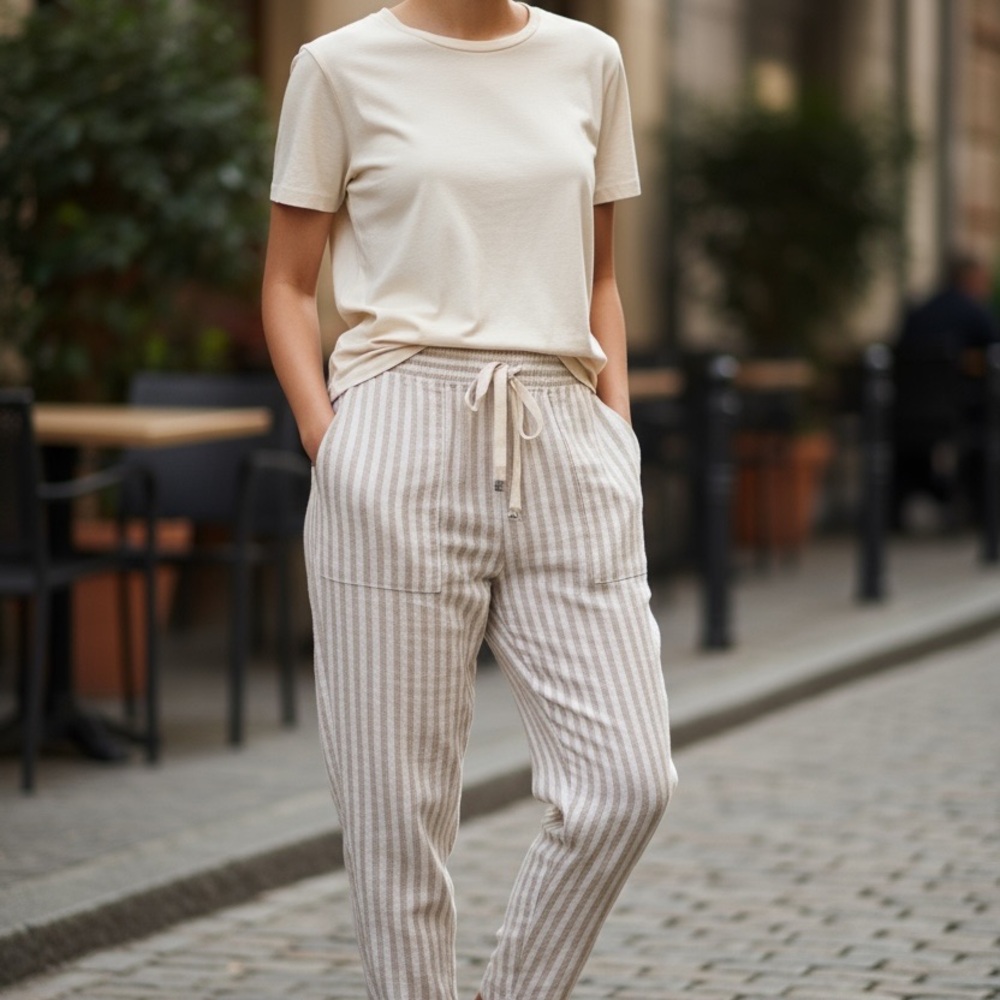 NAUTICA Striped Cream and Tan Women's Pants